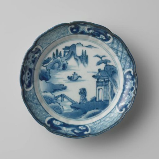 Saucer with a water landscape, cranes, flower sprays and diaper pattern