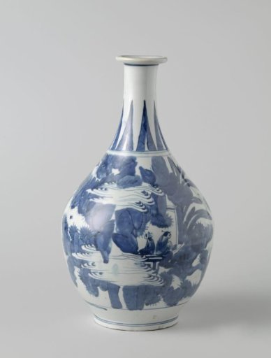 Ovoid bottle with figures in a water landscape