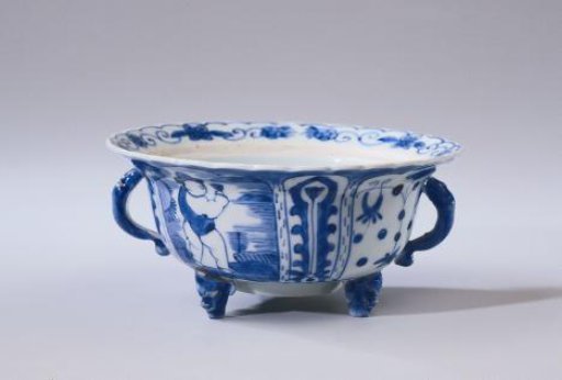 Covered bowl or butter tub with a figure in a landscape, lotus scrolls and flower sprays