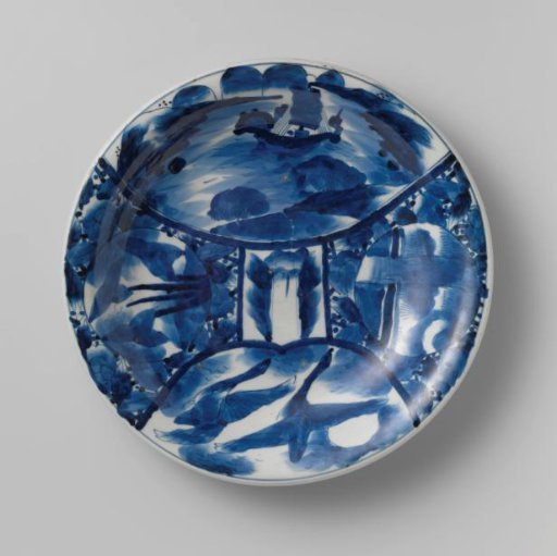 Saucer-dish with a boat, birds and flowering plants in panels
