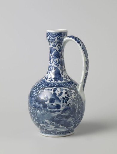 Ewer with landscapes in panels and floral scrolls