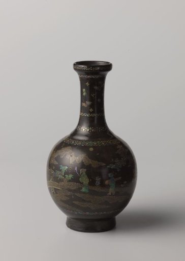 Vase with figures in a water landscape and ornamental borders