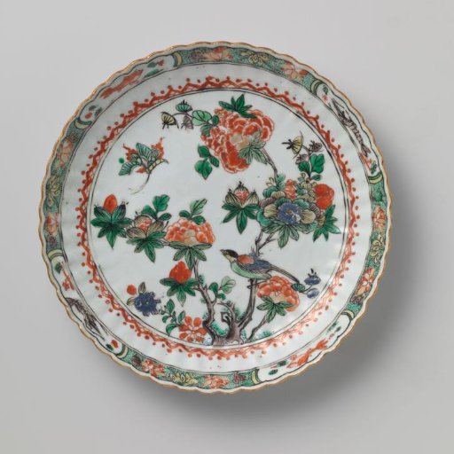 Fluted saucer-dish with flower sprays, bird and butterflies