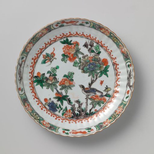 Fluted saucer-dish with flower sprays, birds and butterflies