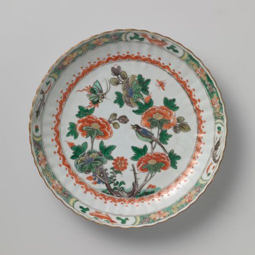 Fluted saucer-dish with flower sprays, bird and butterflies