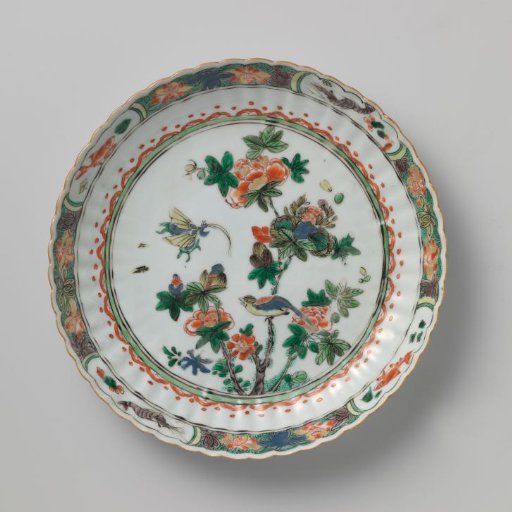 Fluted saucer-dish with flower sprays, bird and butterfly
