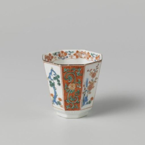 Octagonal cup with flowering plants and floral scrolls