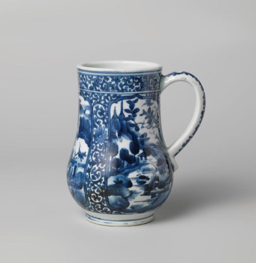 Tankard with landscapes in panels and floral scrolls