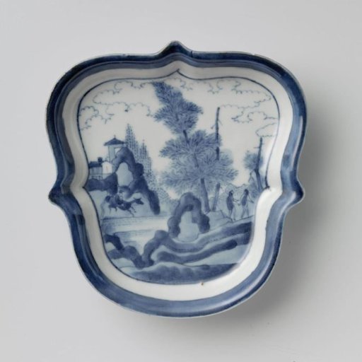 Saucer with figures in a landscape with trees, rocks and pavilions