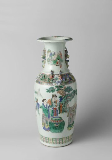 Vase with a continuous landscape with figures and moulded dragons and shishi