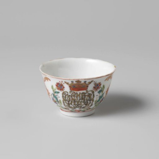 Bell-shaped cup with a crowned, illegible monogram surrounded by two flower sprays