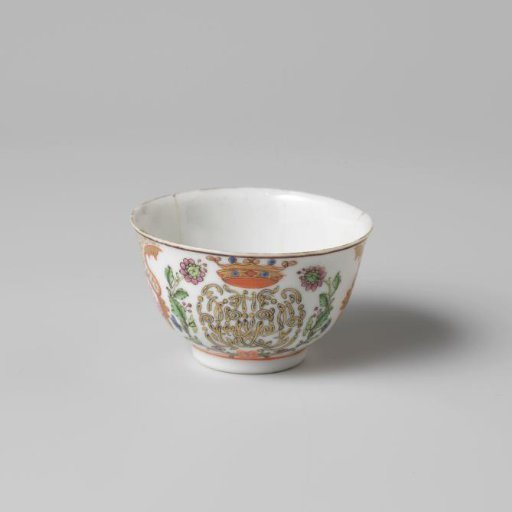 Bell-shaped cup with a crowned, illegible monogram surrounded by two flower sprays