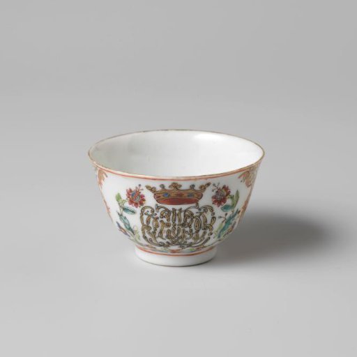 Bell-shaped cup with a crowned, illegible monogram surrounded by two flower sprays
