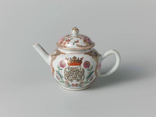 Teapot with a crowned, illegible monogram surrounded by two flower sprays