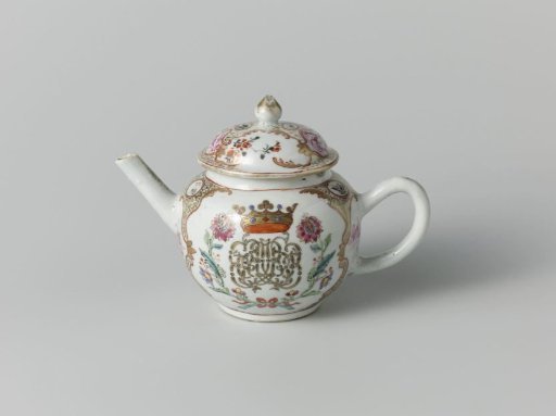 Teapot with a crowned, illegible monogram surrounded by two flower sprays