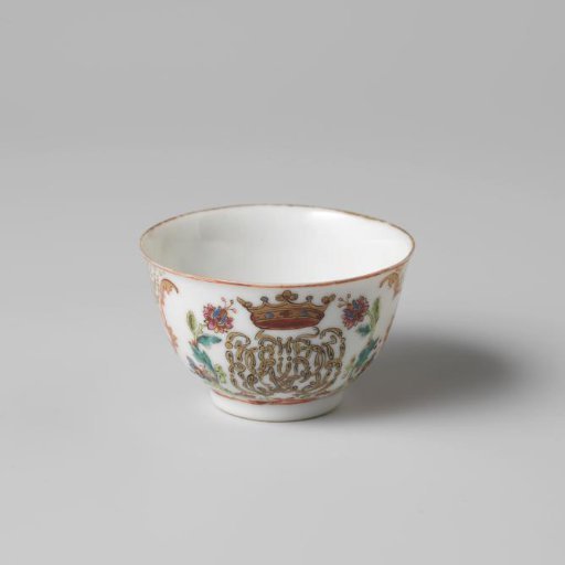 Bell-shaped cup with a crowned, illegible monogram surrounded by two flower sprays