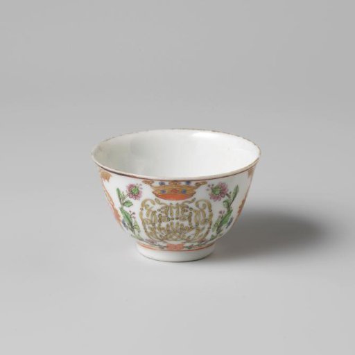 Bell-shaped cup with a crowned, illegible monogram surrounded by two flower sprays