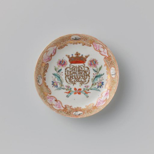 Saucer with a crowned, illegible monogram surrounded by two flower sprays