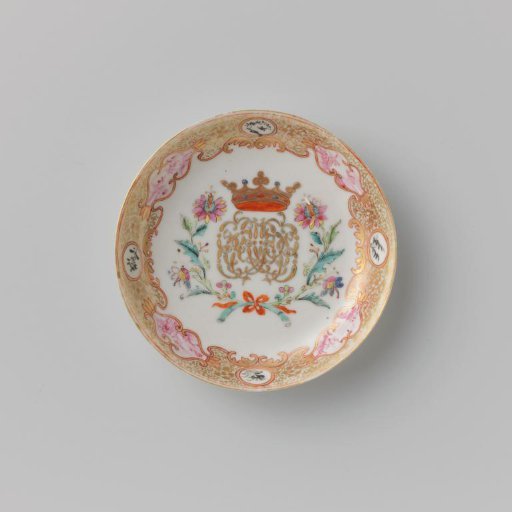 Saucer with a crowned, illegible monogram surrounded by two flower sprays