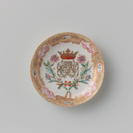 Saucer with a crowned, illegible monogram surrounded by two flower sprays