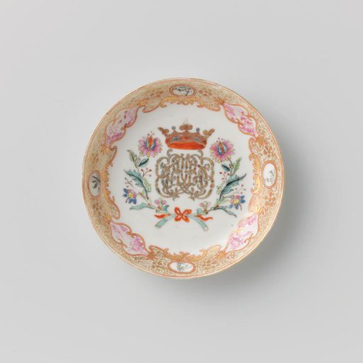 Saucer with a crowned, illegible monogram surrounded by two flower sprays