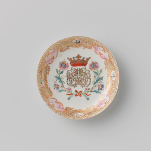 Saucer with a crowned, illegible monogram surrounded by two flower sprays