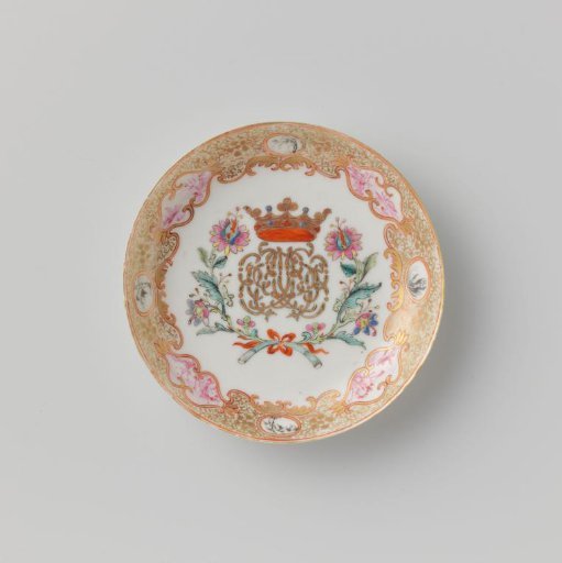 Saucer with a crowned, illegible monogram surrounded by two flower sprays