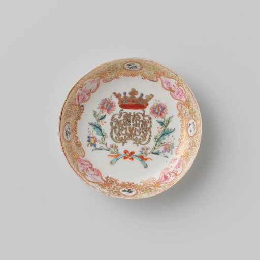 Saucer with a crowned, illegible monogram surrounded by two flower sprays