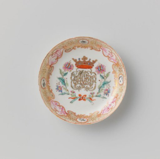 Saucer with a crowned, illegible monogram surrounded by two flower sprays