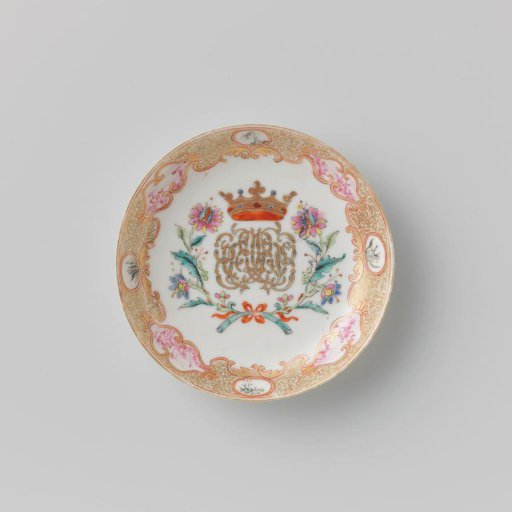 Saucer with a crowned, illegible monogram surrounded by two flower sprays