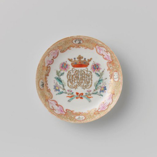 Saucer with a crowned, illegible monogram surrounded by two flower sprays