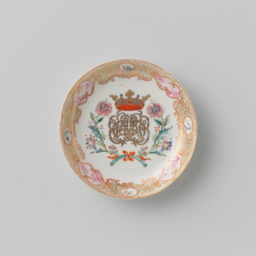 Saucer with a crowned, illegible monogram surrounded by two flower sprays