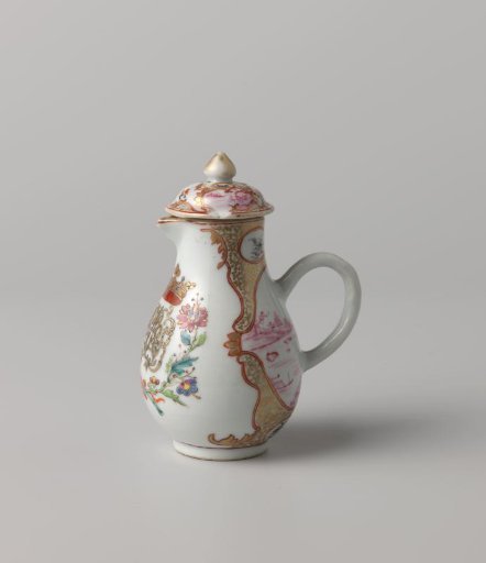 Pear-shaped milk jug with a crowned, illegible monogram surrounded by two flower sprays