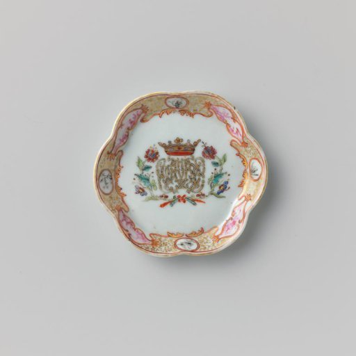 Teapot stand with a crowned, illegible monogram surrounded by two flower sprays