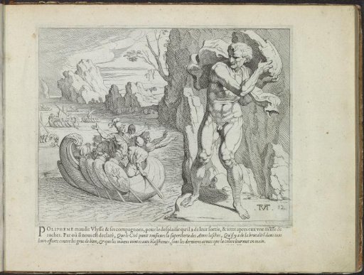 Polyphemus throwing a rock at Odysseus's ship