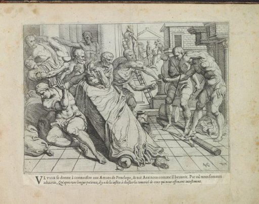 Odysseus kills one of the suitors with his bow