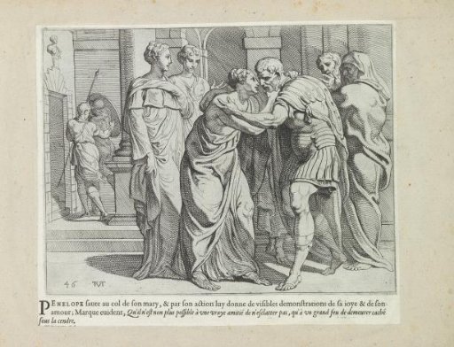 Odysseus and Penelope embrace each other