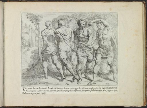 Odysseus hands his weapons to Eumaeus