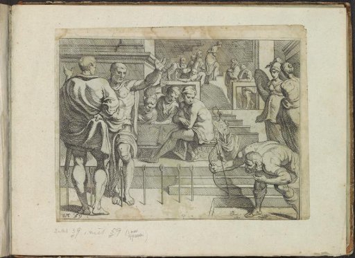 Odysseus shoots the arrow through the twelve rings