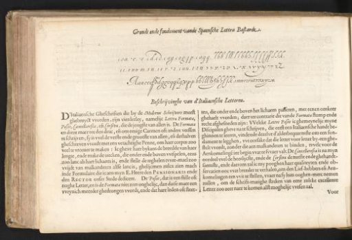 Writing example of the Spanish Bastarda letter and the beginning of the description of Italian hands