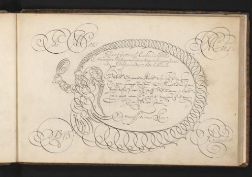 Writing Sample with a Figure Looking into a Mirror in Scrollwork