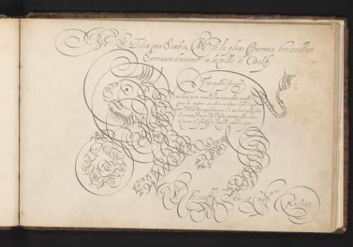 Writing sample with a lion in scrollwork