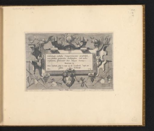 Cartouche with a frame of scrollwork, decorated with birds and artist's trophies