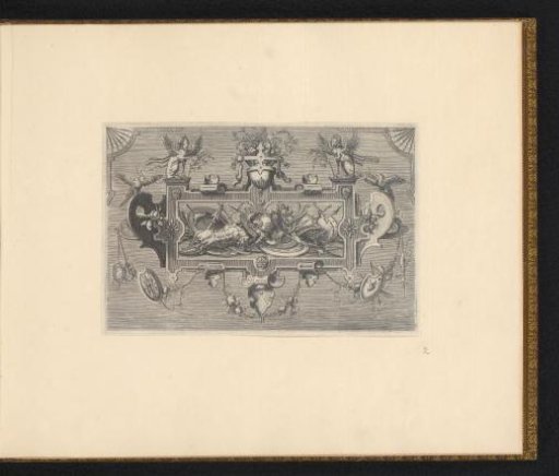 Cartouche with a coat of arms trophy in a frame of scrollwork, above which two sphinxes