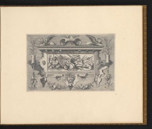 Cartouche with a coat of arms trophy in a frame of scrollwork, above which two winged lions