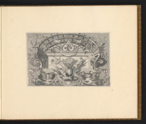 Cartouche in a frame of scrollwork, with a coat of arms trophy and two sphinxes with fish tails