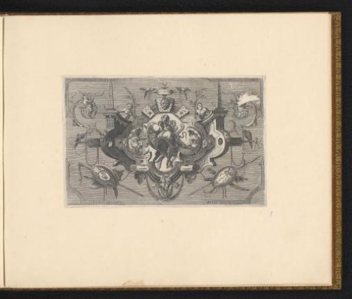 Cartouche with a coat of arms trophy flanked by two mascarons and profile