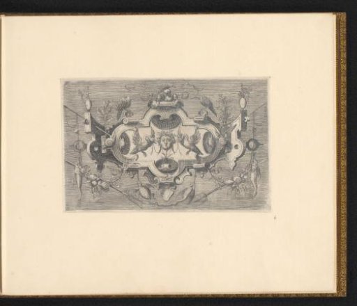 Cartouche with four shells and a mascaron flanked by two swans