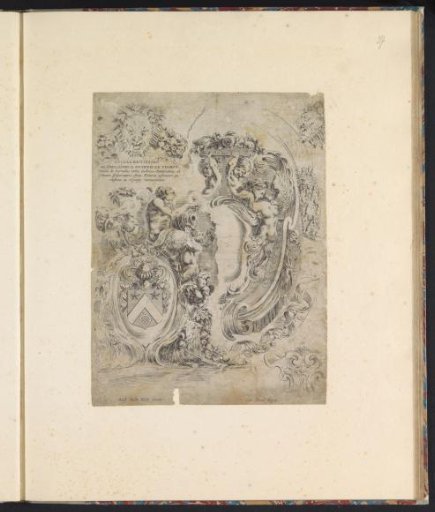 Two cartouches and three grotesque masks