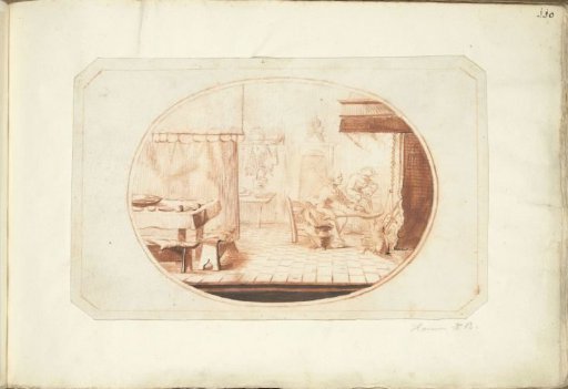 Kitchen interior with two women and a cat, in oval
